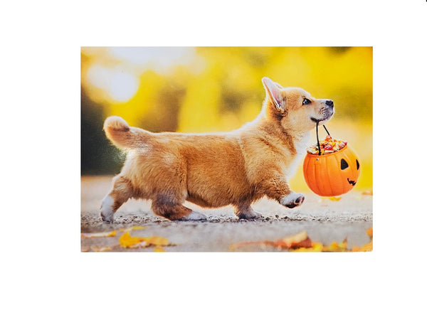 Halloween Greeting Card - Corgi Puppy Carrying Candy Bucket