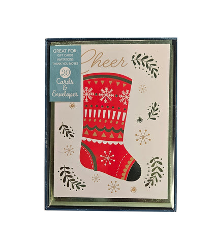 Festive Christmas Stocking - Petite Boxed Christmas Cards - Blank Inside - 20ct