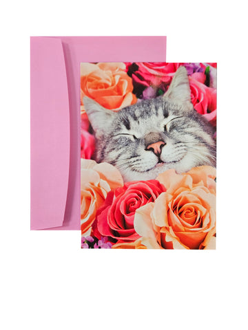 Valentine's Day Greeting Card  - Happy Cat In Roses