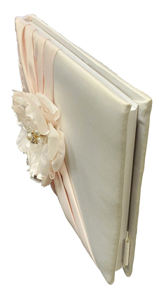 White Satin Guest Book with Pink Lace and White Flower