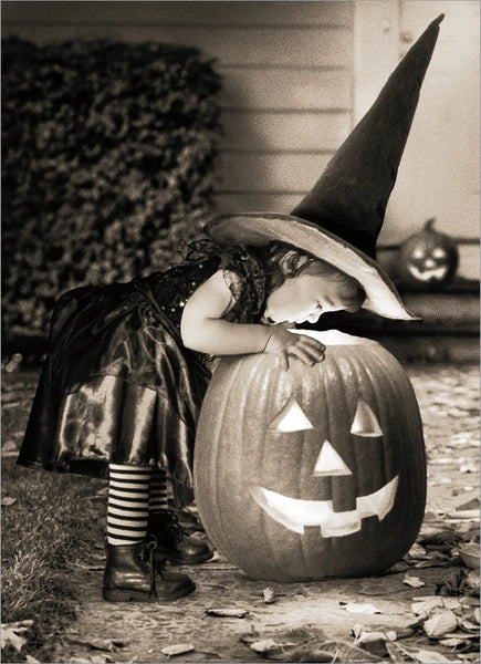 Halloween Greeting Card - Little Witch Looking in Pumpkin