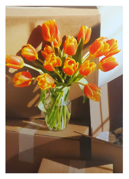 New Home Greeting Card - Tulip Vase on Moving Boxes