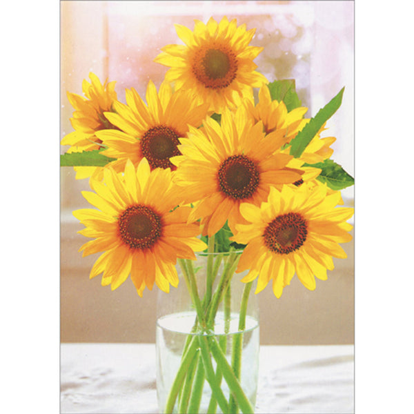 Blank Inside Greeting Card - Sunflowers in Glass Vase