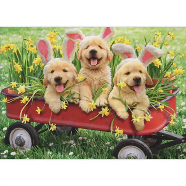 Easter Greeting Card - Puppies in Easter Wagon