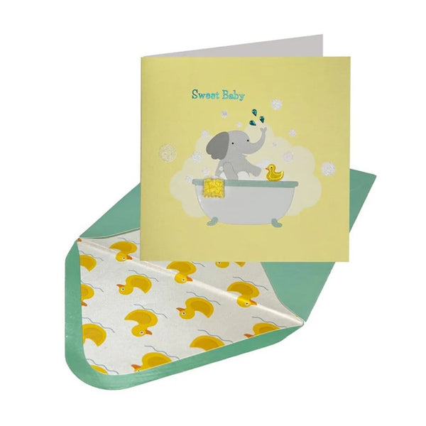 Luxury New Baby Greeting Card - Elephant in Bath Tub