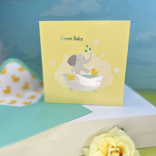 Luxury New Baby Greeting Card - Elephant in Bath Tub