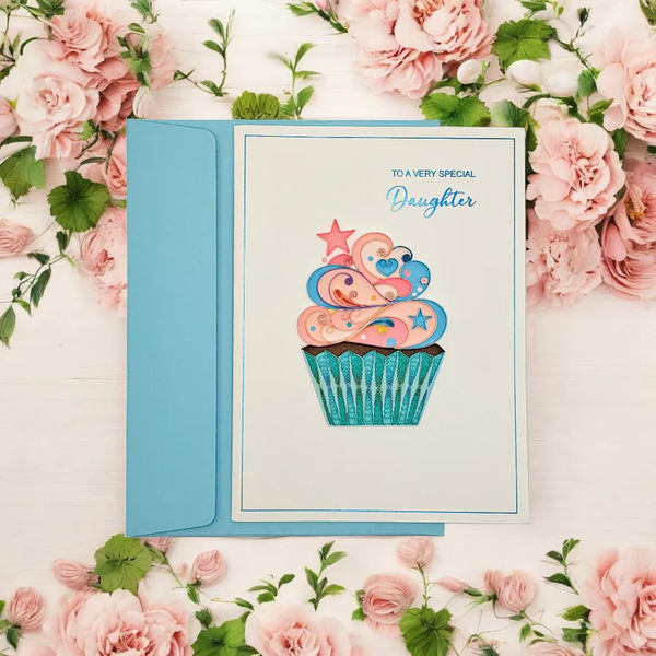 Luxury Birthday Greeting Card - Quilled Cupcake for Daughter