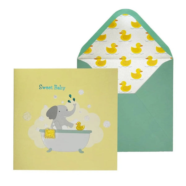 Luxury New Baby Greeting Card - Elephant in Bath Tub
