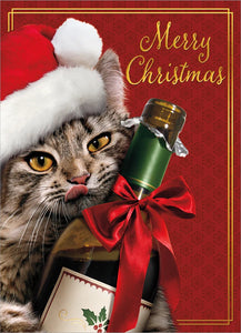 Christmas Greeting Card - Cat with Wine Bottle