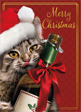 Christmas Greeting Card - Cat with Wine Bottle