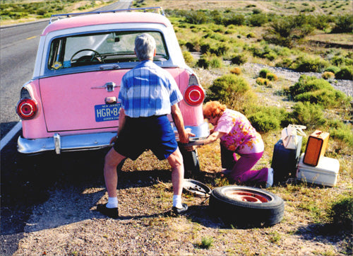 Anniversary Greeting Card  - Old Couple Changing Tire