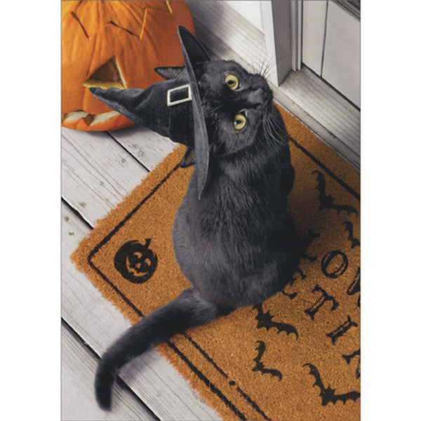 Halloween Greeting Card - Black Kitten on Halloween Doormat