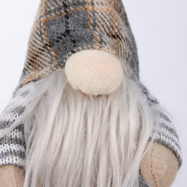 Small Shelf Sitter - Gnome -Gray Striped with Plaid Hat