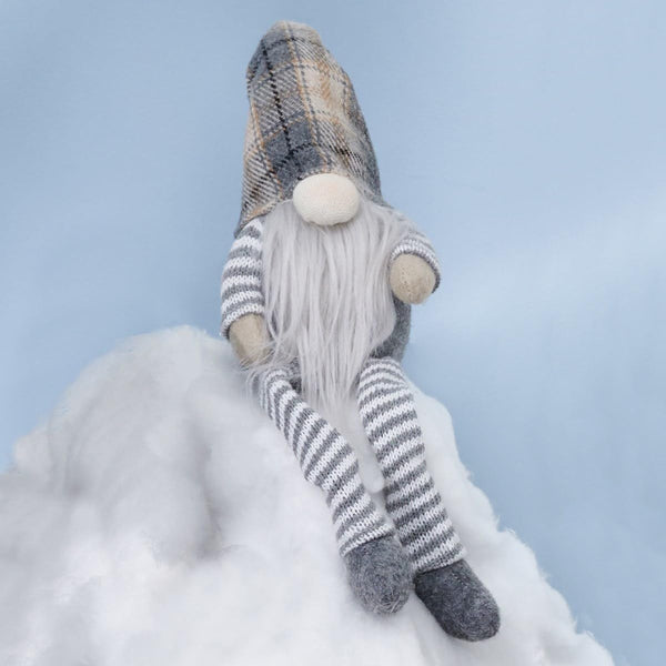 Small Shelf Sitter - Gnome -Gray Striped with Plaid Hat