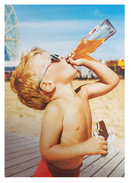 Birthday Greeting Card - Boy Drinking Soda on Beach