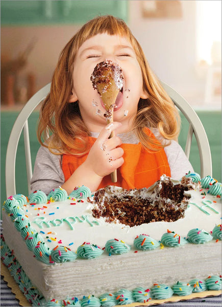 Birthday Greeting Card - Girl with Cake & Spoon