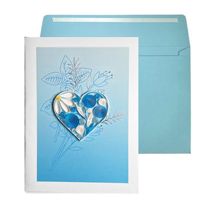 Blank Inside Greeting Card  - Quilled Heart On Blue