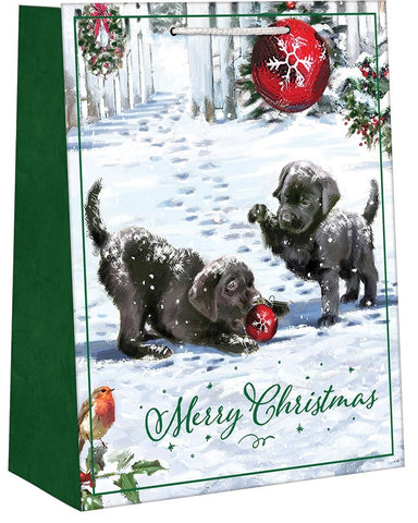 Medium Holiday Gift Bag - Playful Christmas Puppies