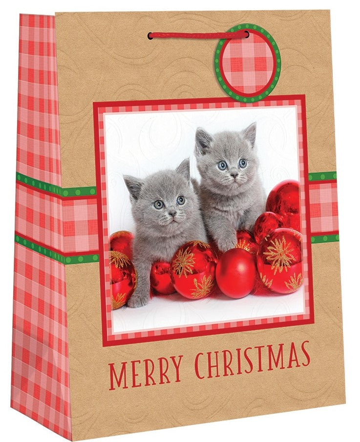 Medium Holiday Gift Bag - Silver Kittens