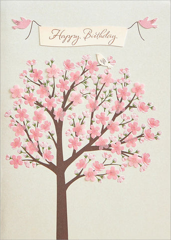 Embossed Birthday Greeting Card - Cherry Blossom Tree