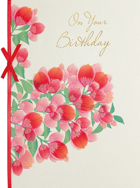 Embossed Birthday Greeting Card - Red Flowers & Ribbon