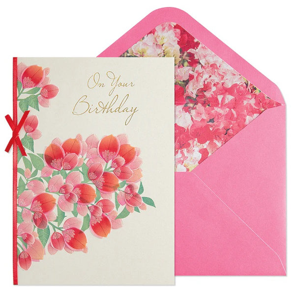 Embossed Birthday Greeting Card - Red Flowers & Ribbon