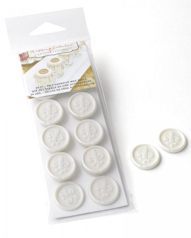 Fleur De Lis Pearl White Self-adhesive Faux Wax Seals - 24ct.