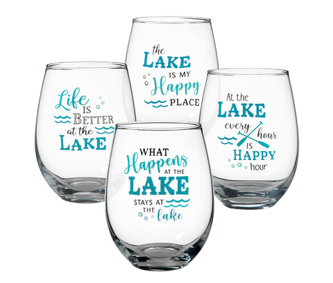 At the Lake - Set of 4 - Stemless Wine Glasses