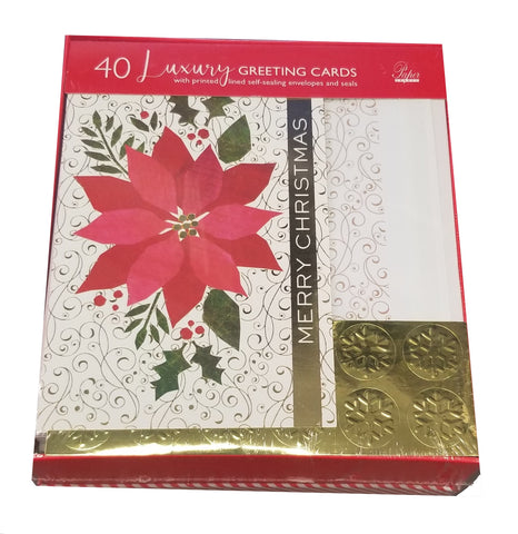 Merry Christmas Poinsettia- Luxury Value Pack Holiday Cards - 40ct
