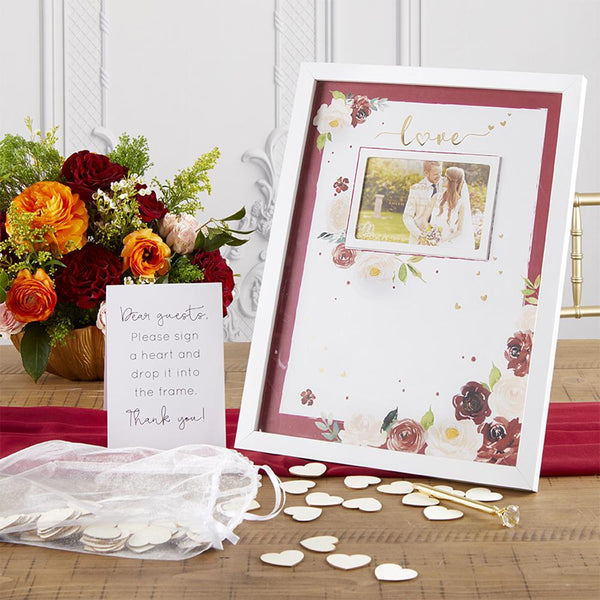 Burgundy & Blush Floral Guest Book Alternative with 75 Wood Hearts