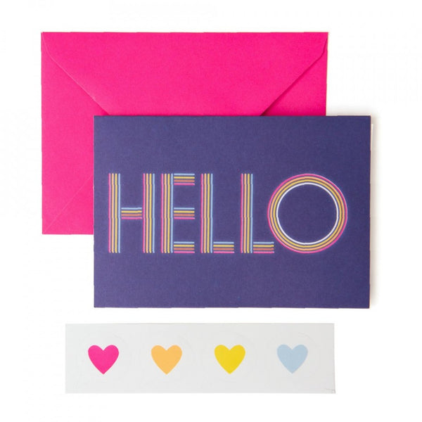 Neon Rainbow Hello Script Note Cards and Heart Envelope Seal Set