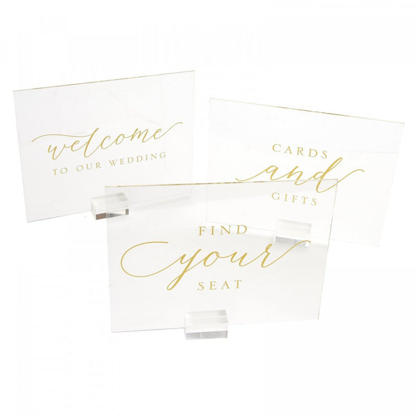 Set of 3 Clear & Gold Acrylic Wedding Signs