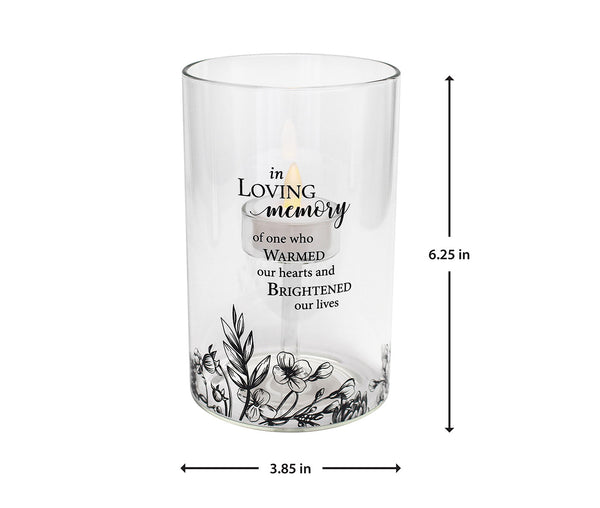 "In Loving Memory" Black Floral Glass LED Candle Holder with Sympathy Verse