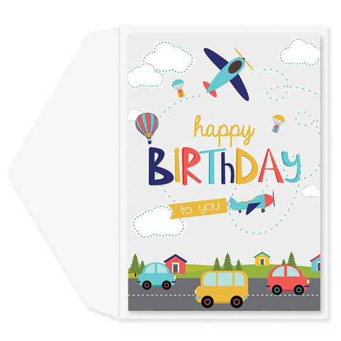 Juvenile Birthday Greeting Card  - Cars & Airplanes