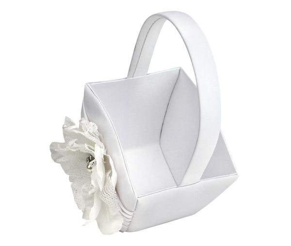 Jeweled White Rose Flower Girl Basket