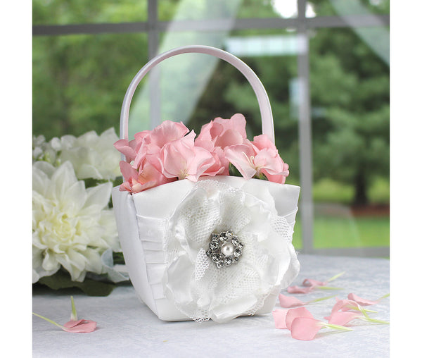 Jeweled White Rose Flower Girl Basket