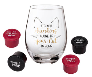 Cat Lover Wine Glass with Funny Saying and 4 Wine Bottle Stoppers