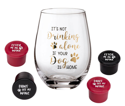 Dog Lover Wine Glass with Funny Saying and 4 Wine Bottle Stoppers