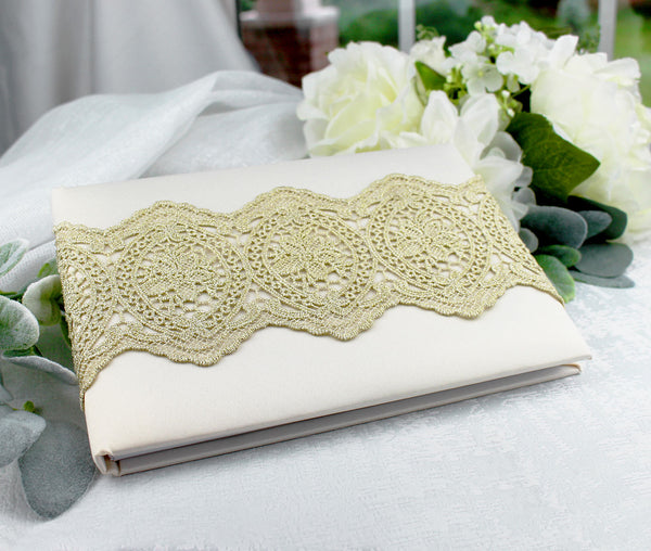 Ivory Guest Book with Gold Lace