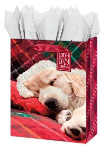 Medium Gift Bag - Sleeping Christmas Puppy with Glitter Accents