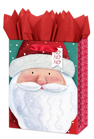 Medium Gift Bag - Cute Santa with Glitter Accents