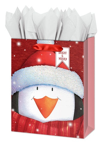 Medium Gift Bag - Cute Christmas Penguin with Glitter Accents