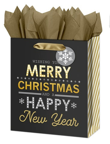 Large Gift Bag - Merry Christmas & Happy New Year with Foil Accents