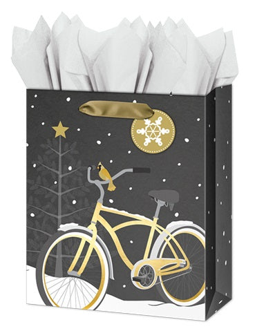 Large Christmas Gift Bag - Bike, Tree and Cardinal with Foil Accents