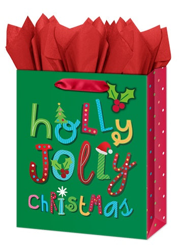 Large Christmas Gift Bag - Holly Jolly Christmas with Foil