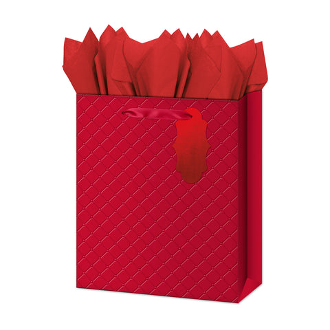 Large Gift Bag - Red - Quilted Embossed