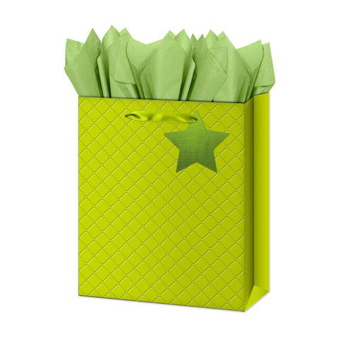 Large Gift Bag - Bright Lime Green - Quilted Embossed