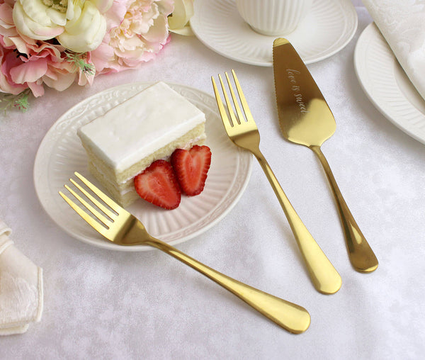"Love is Sweet" Gold Wedding Cake Server w/ Set of Forks