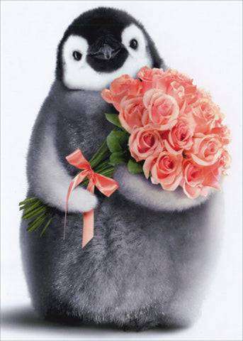 Birthday Greeting Card  - Penguin with Flowers
