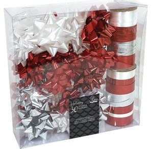 Assorted Gift Bows and Ribbon - White, Red and Silver - 30 ct.